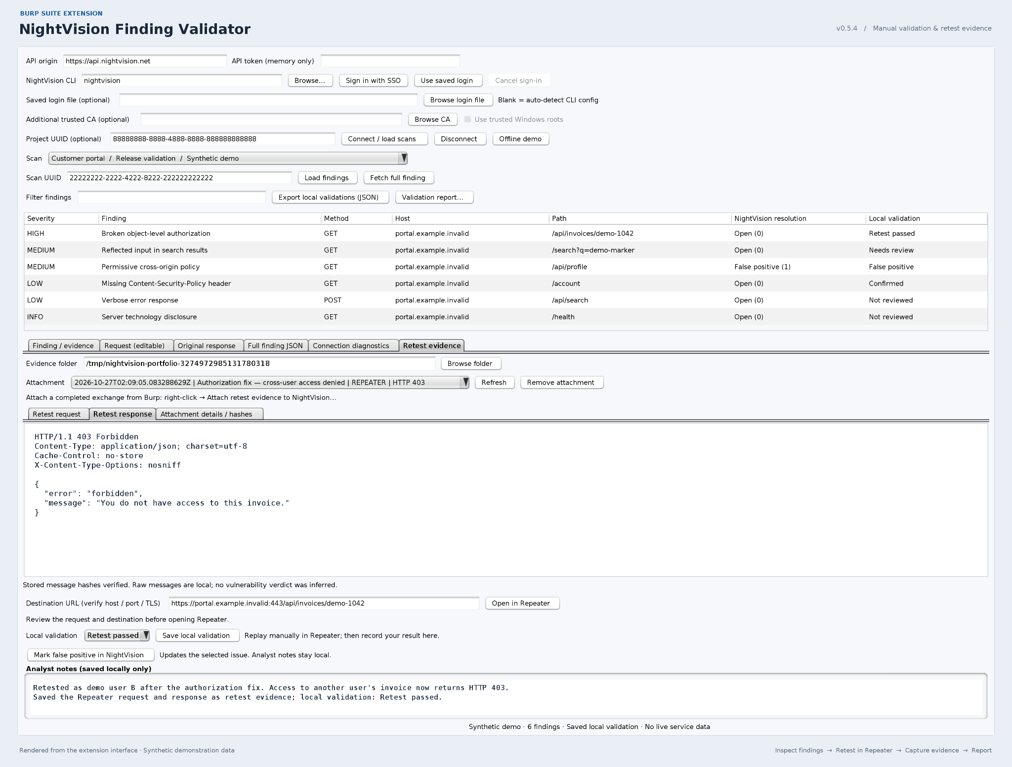NightVision Finding Validator extension showing synthetic findings and saved retest evidence.